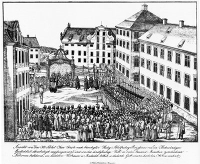 Weingarten, Monastery Courtyard, Reception of the Holy Blood Relic by the Clergy after the Holy Blood Procession, Early 1840s by Joseph Bayer